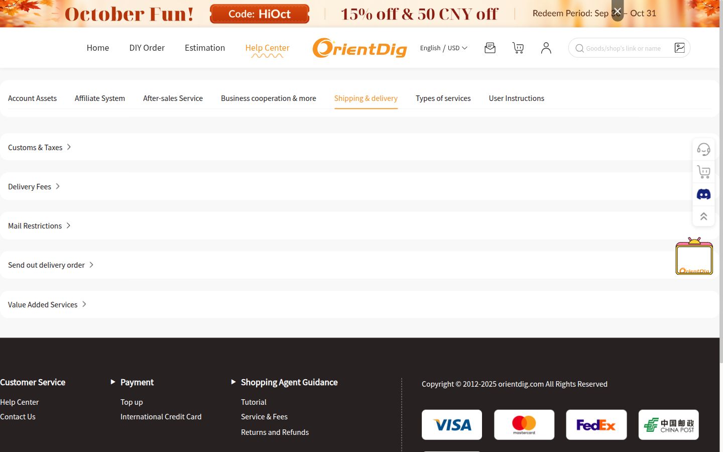Officieel OrientDig Help Center, tab Shipping & delivery: Customs & Taxes, Delivery Fees, Mail Restrictions