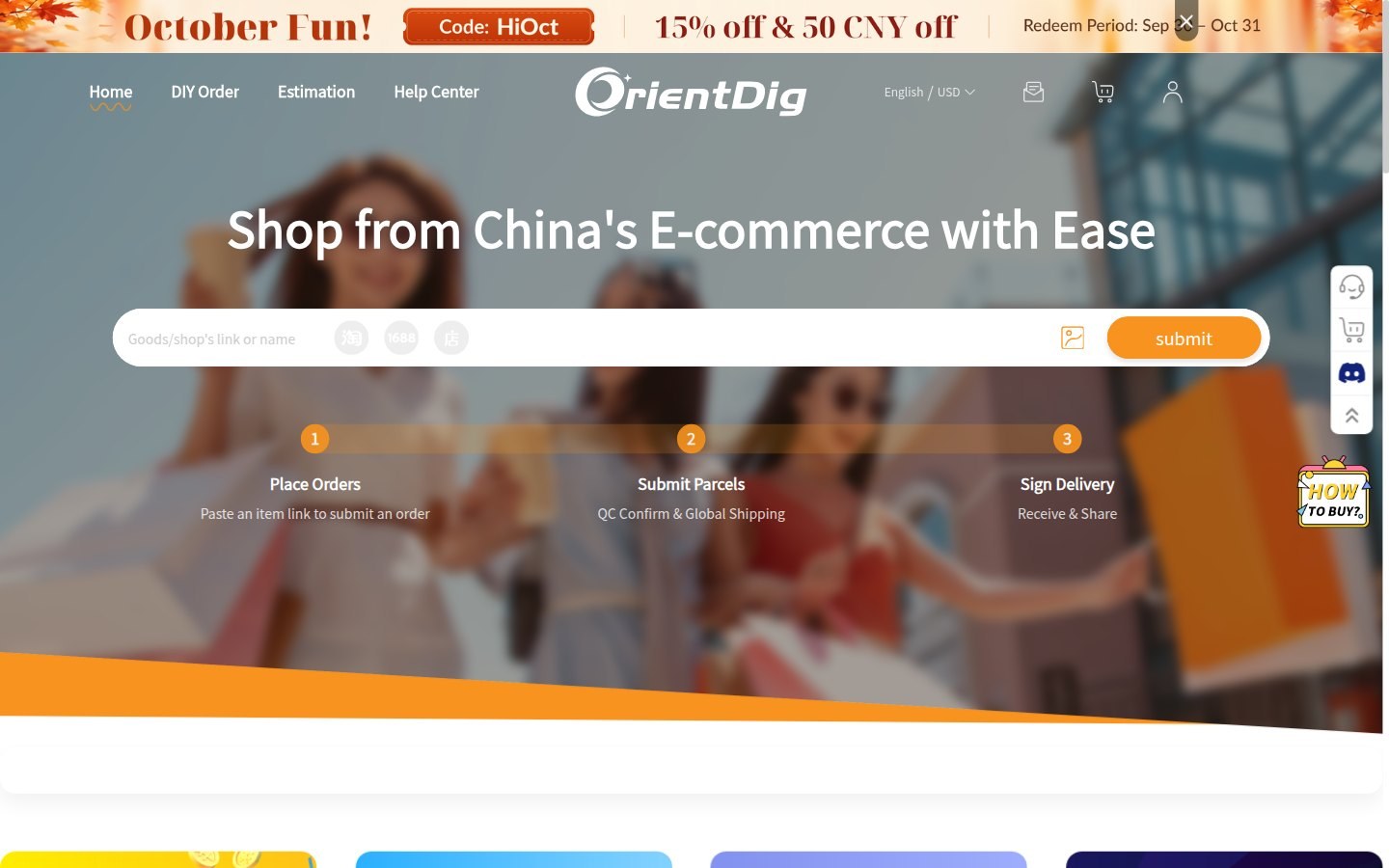 Officiële OrientDig-homepage: oranje wordmark, plakbalk en drie stappen Place Orders, Submit Parcels, Sign Delivery
